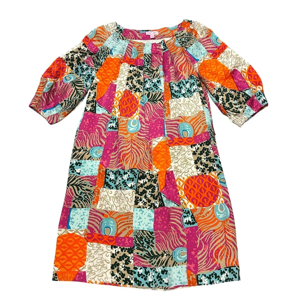 Lilly Pulitzer Silk Patchwork Shift Dress Puff Sleeve Tropical Resort Palm Beach